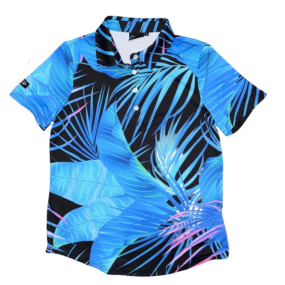 💙💖Sunday Swagger‎ Blue Tropical Print Golf Polo Performance Activewear Shirt